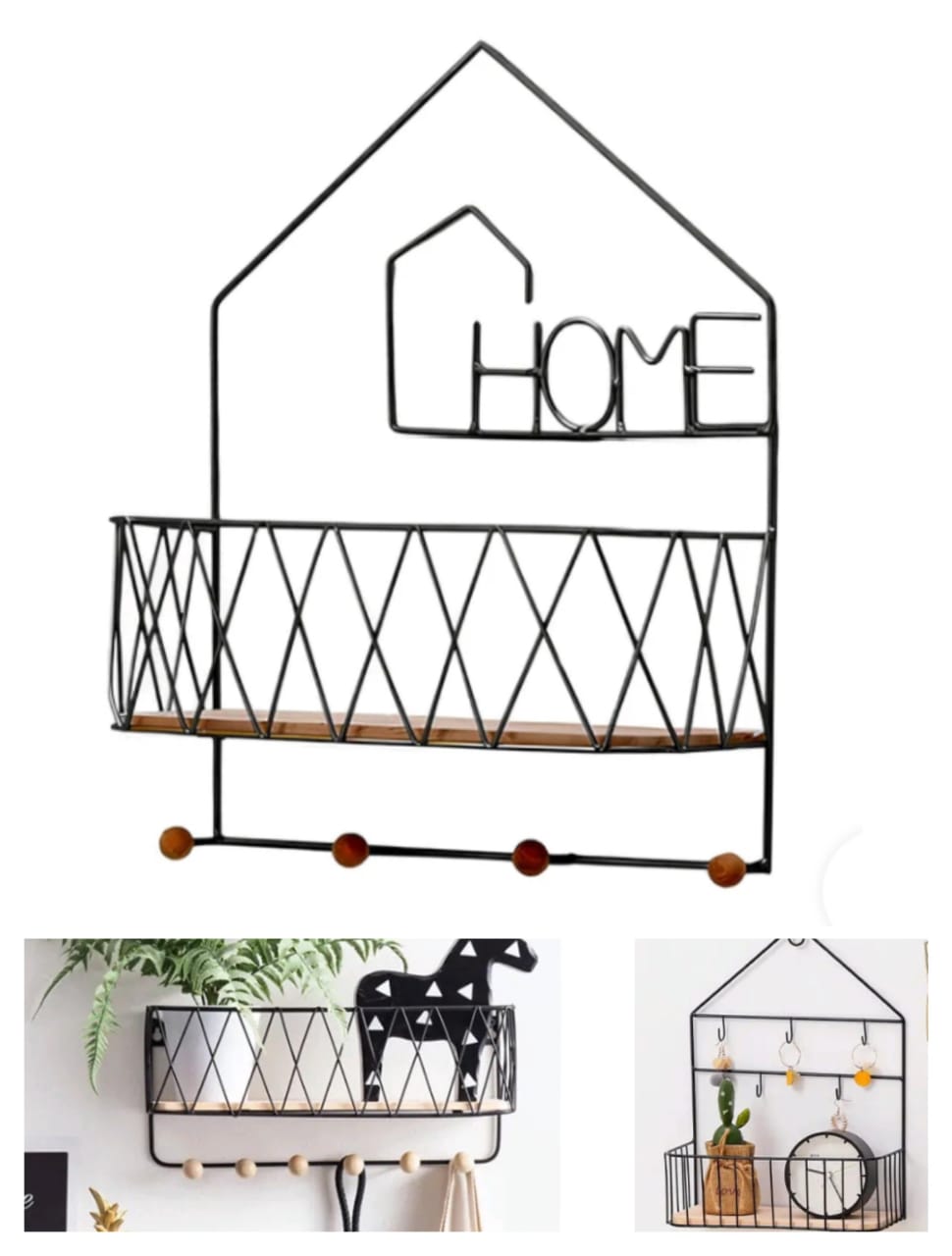 Metal Wall-Mounted Home Rack with Wooden Shelf - Stylish and Functional Storage Solution.