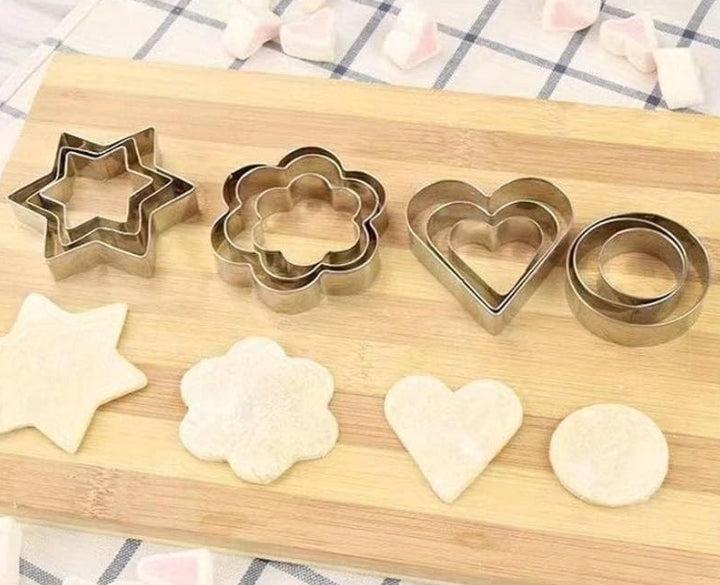 Set of 12 Cookie Cutters - Stainless Steel Star, Round, Heart, and Mini Flower Molds for Baking Biscuits and Cookies