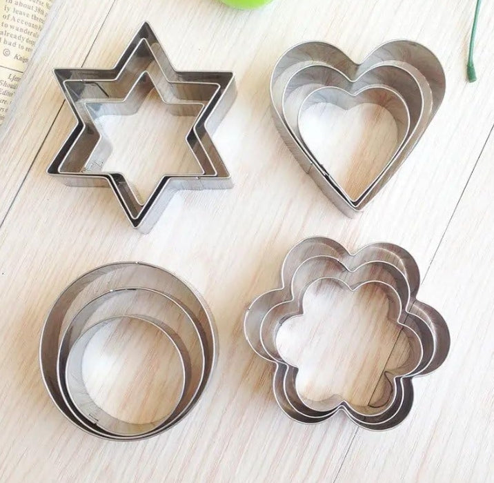 Set of 12 Cookie Cutters - Stainless Steel Star, Round, Heart, and Mini Flower Molds for Baking Biscuits and Cookies